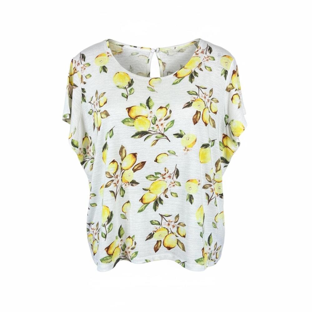 Cynthia Rowley Women's Linen Short Sleeve Blouse with Lemon‎ Print 3XL